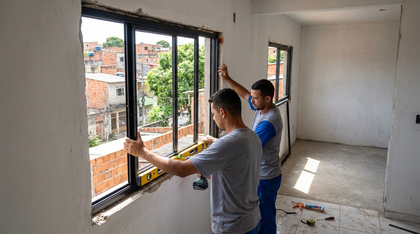 Equipe montando esquadrias de alumínio em Maceió-AL